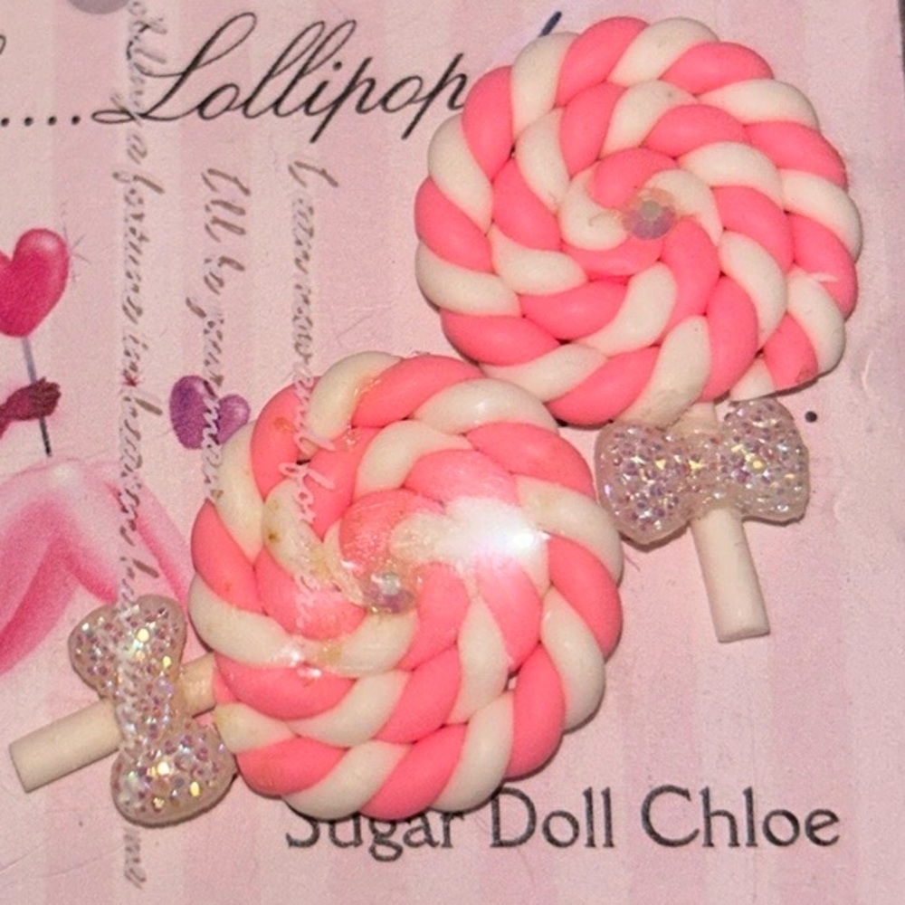 Oh Lollipop Pink swirl candy big glitter bow puffy earrings sugar doll candy new